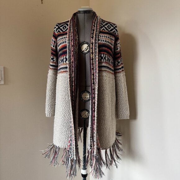 Coco Y Club Sweaters - Coco Y Club Grandpa Cardigan Tribal Pattern Fringe Long Sweater L